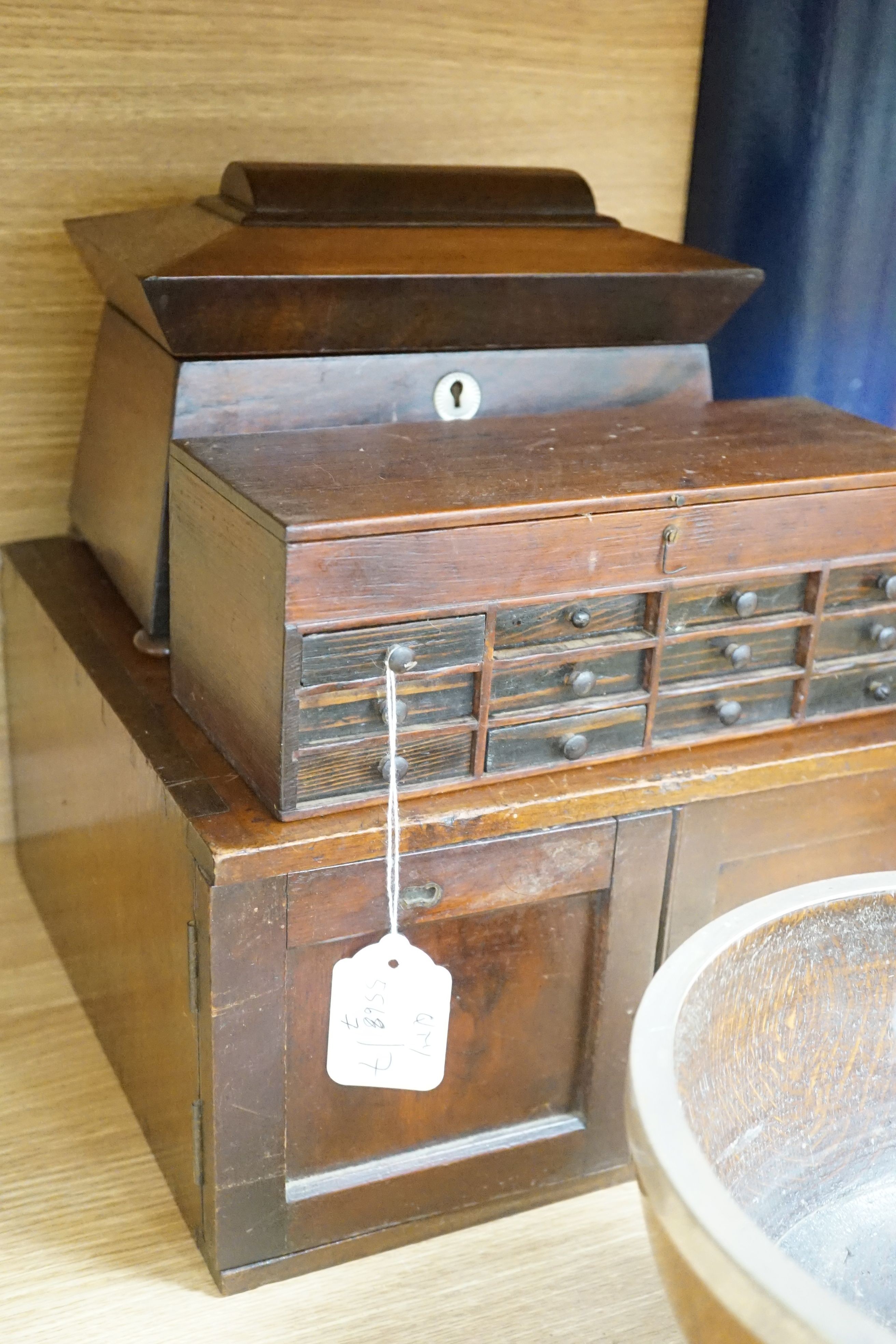 A Victorian sarcophagus tea caddy, stationary box, compound microscope and others